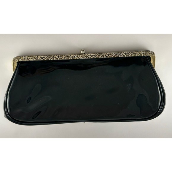 Vintage Patent leather Black clutch Gold Toned Clasp Coin Purse Attached - Picture 1 of 10